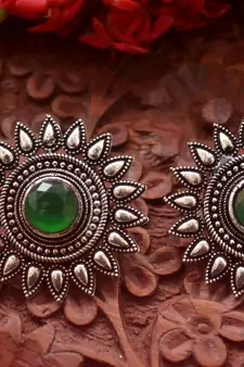 Designer Onyx Stone Silver Plated Oxidised Floral Studs Earrings