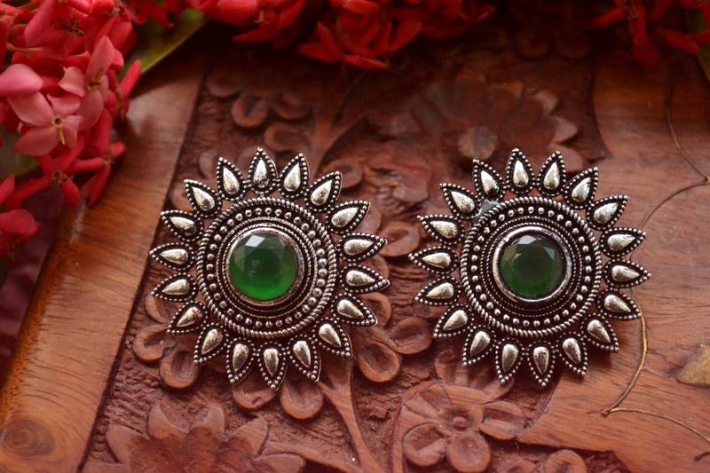 Designer Onyx Stone Silver Plated Oxidised Floral Studs Earrings