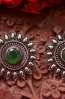 Designer Onyx Stone Silver Plated Oxidised Floral Studs Earrings