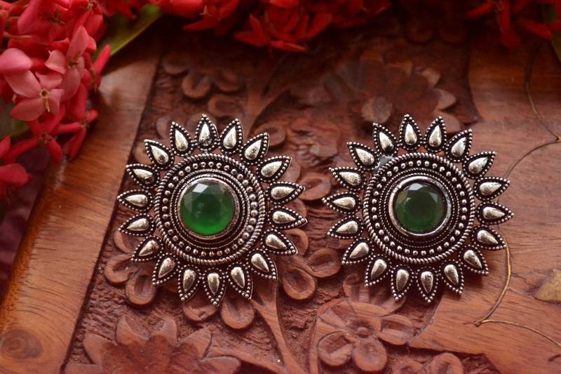 Designer Onyx Stone Silver Plated Oxidised Floral Studs Earrings