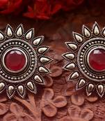 Designer Onyx Stone Silver Plated Oxidised Floral Studs Earrings