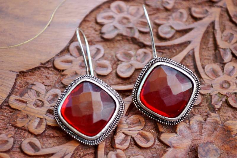 Designer Onyx Stone Silver Plated Oxidised Floral Studs Earrings