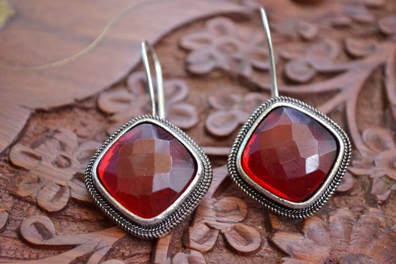 Designer Onyx Stone Silver Plated Oxidised Floral Studs Earrings