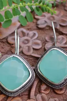 Designer Onyx Stone Silver Plated Oxidised Floral Dangler Earrings