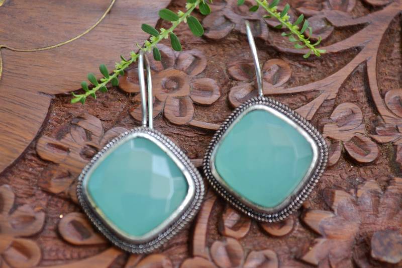 Designer Onyx Stone Silver Plated Oxidised Floral Dangler Earrings