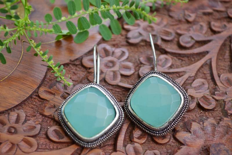 Designer Onyx Stone Silver Plated Oxidised Floral Dangler Earrings