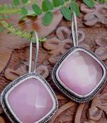 Designer Onyx Stone Silver Plated Oxidised Floral Dangler Earrings