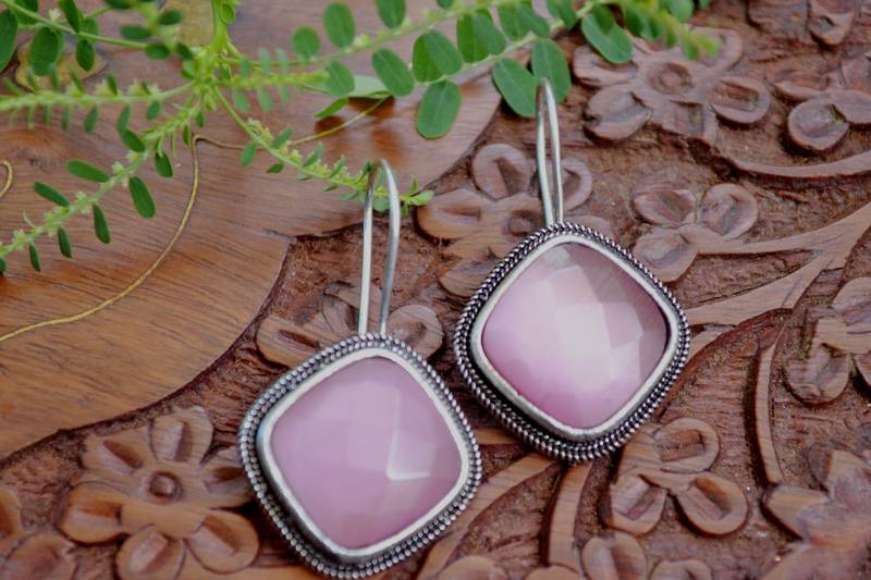 Designer Onyx Stone Silver Plated Oxidised Floral Dangler Earrings