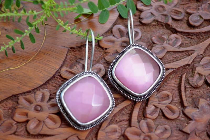 Designer Onyx Stone Silver Plated Oxidised Floral Dangler Earrings