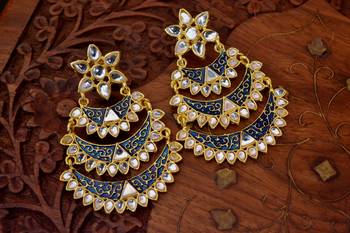 Designer Kudan Stone Floral Pearl Stone Meenakari Chandbali Chandelier Dangler Earrings 1