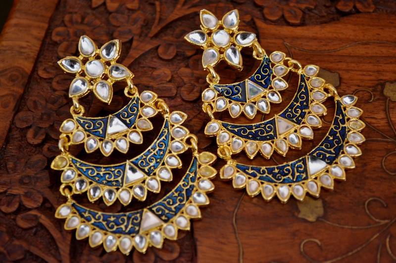 Designer Kudan Stone Floral Pearl Stone Meenakari Chandbali Chandelier Dangler Earrings