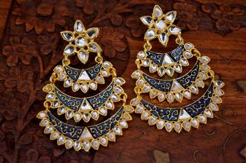 Designer Kudan Stone Floral Pearl Stone Meenakari Chandbali Chandelier Dangler Earrings 3