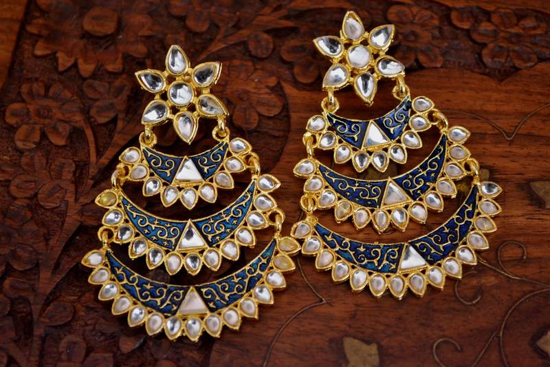 Designer Kudan Stone Floral Pearl Stone Meenakari Chandbali Chandelier Dangler Earrings