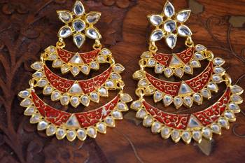 Designer Kudan Stone Floral Pearl Stone Meenakari Chandbali Chandelier Dangler Earrings 1