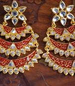 Designer Kudan Stone Floral Pearl Stone Meenakari Chandbali Chandelier Dangler Earrings