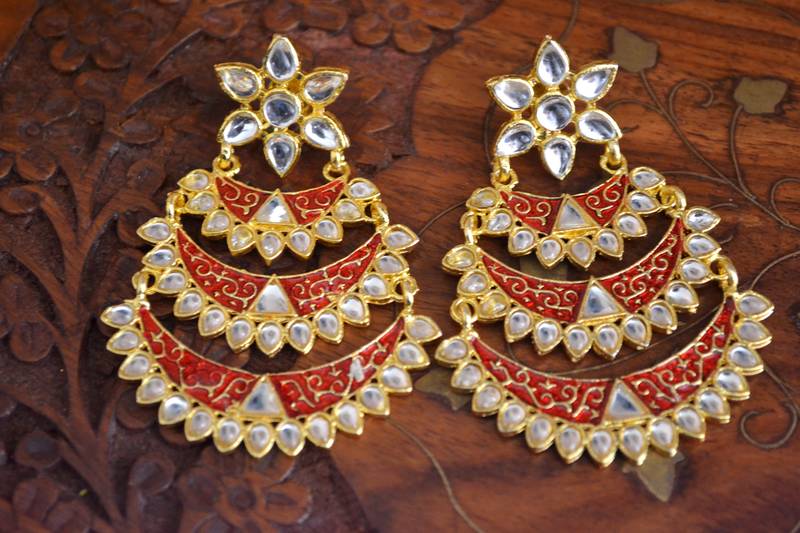 Designer Kudan Stone Floral Pearl Stone Meenakari Chandbali Chandelier Dangler Earrings