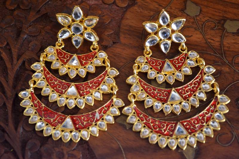 Designer Kudan Stone Floral Pearl Stone Meenakari Chandbali Chandelier Dangler Earrings