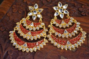 Designer Kudan Stone Floral Pearl Stone Meenakari Chandbali Chandelier Dangler Earrings 4