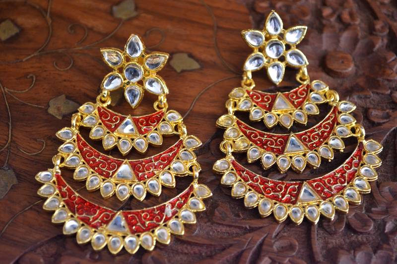 Designer Kudan Stone Floral Pearl Stone Meenakari Chandbali Chandelier Dangler Earrings