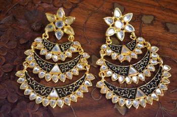 Designer Kudan Stone Floral Pearl Stone Meenakari Chandbali Chandelier Dangler Earrings 1