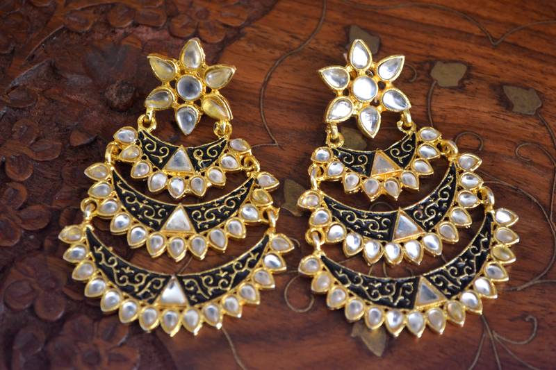 Designer Kudan Stone Floral Pearl Stone Meenakari Chandbali Chandelier Dangler Earrings