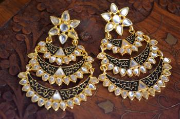 Designer Kudan Stone Floral Pearl Stone Meenakari Chandbali Chandelier Dangler Earrings 3
