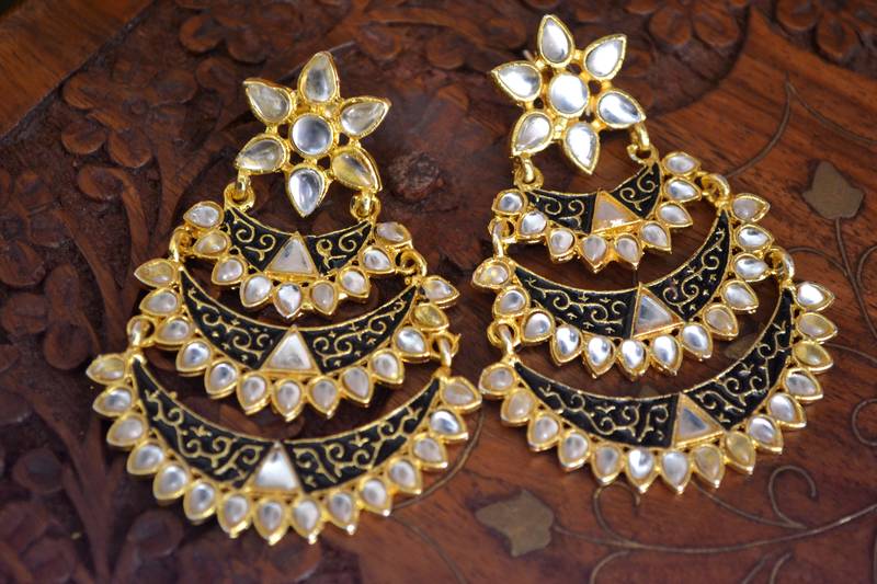 Designer Kudan Stone Floral Pearl Stone Meenakari Chandbali Chandelier Dangler Earrings