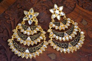 Designer Kudan Stone Floral Pearl Stone Meenakari Chandbali Chandelier Dangler Earrings 4