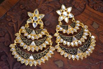 Designer Kudan Stone Floral Pearl Stone Meenakari Chandbali Chandelier Dangler Earrings 5