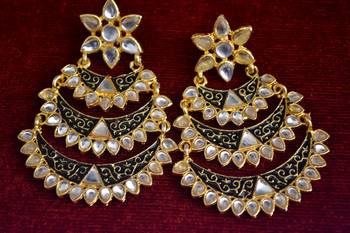 Designer Kudan Stone Floral Pearl Stone Meenakari Chandbali Chandelier Dangler Earrings 1