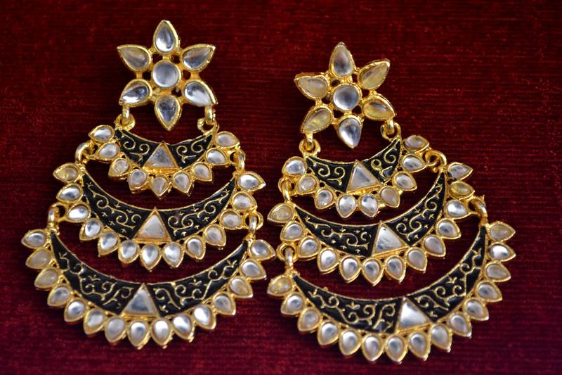 Designer Kudan Stone Floral Pearl Stone Meenakari Chandbali Chandelier Dangler Earrings