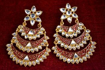 Designer Kudan Stone Floral Pearl Stone Meenakari Chandbali Chandelier Dangler Earrings 1