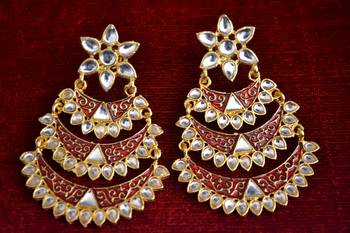Designer Kudan Stone Floral Pearl Stone Meenakari Chandbali Chandelier Dangler Earrings 2