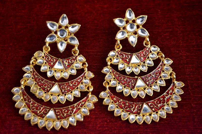 Designer Kudan Stone Floral Pearl Stone Meenakari Chandbali Chandelier Dangler Earrings