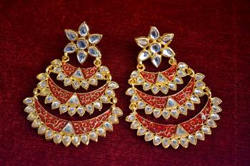 Designer Kudan Stone Floral Pearl Stone Meenakari Chandbali Chandelier Dangler Earrings 1