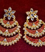 Designer Kudan Stone Floral Pearl Stone Meenakari Chandbali Chandelier Dangler Earrings