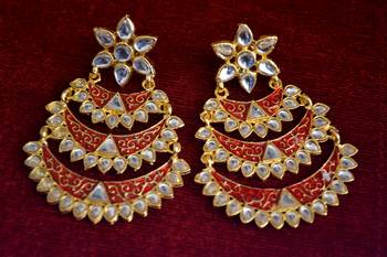 Designer Kudan Stone Floral Pearl Stone Meenakari Chandbali Chandelier Dangler Earrings 2