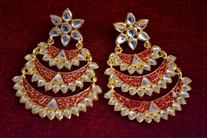 Designer Kudan Stone Floral Pearl Stone Meenakari Chandbali Chandelier Dangler Earrings
