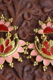 Designer Multicolour Meenakari Filled Peacock and Floral Motif Dangler Stud Earrings