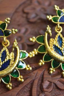 Designer Multicolour Meenakari Filled Peacock and Floral Motif Dangler Stud Earrings