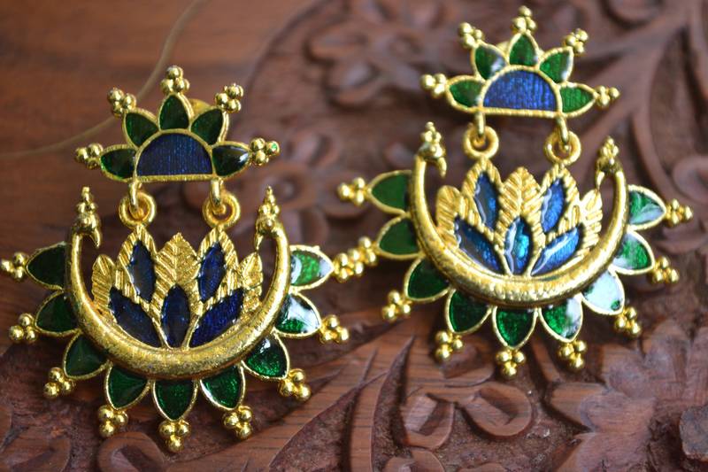 Designer Multicolour Meenakari Filled Peacock and Floral Motif Dangler Stud Earrings