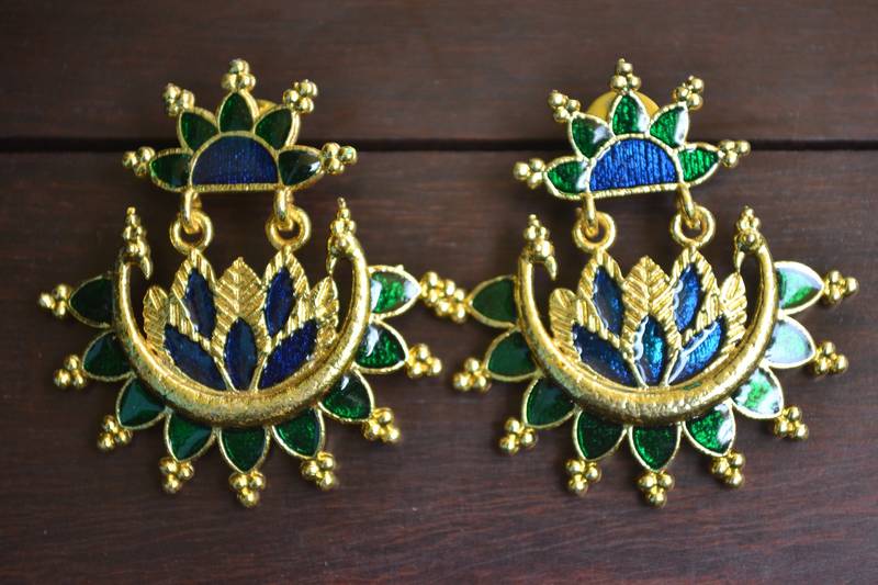 Designer Multicolour Meenakari Filled Peacock and Floral Motif Dangler Stud Earrings