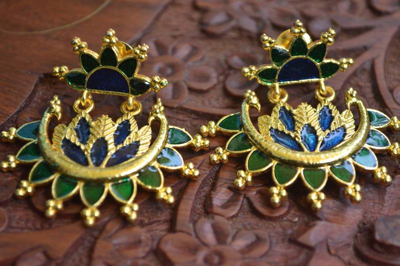Designer Multicolour Meenakari Filled Peacock and Floral Motif Dangler Stud Earrings