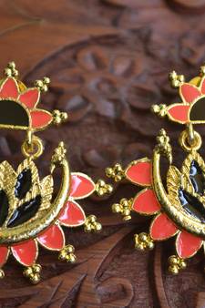 Designer Multicolour Meenakari Filled Peacock and Floral Motif Dangler Stud Earrings