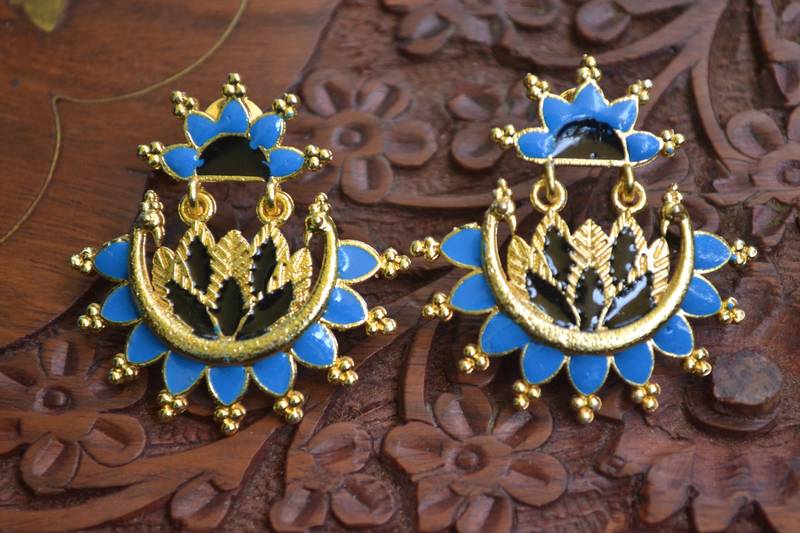 Designer Multicolour Meenakari Filled Peacock and Floral Motif Dangler Stud Earrings