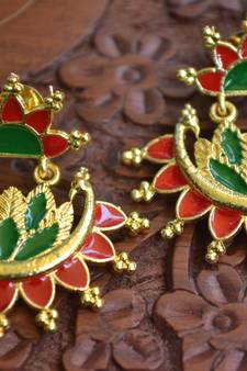 Designer Multicolour Meenakari Filled Peacock and Floral Motif Dangler Stud Earrings