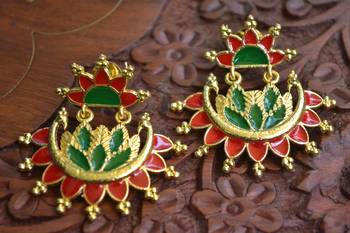 Designer Multicolour Meenakari Filled Peacock and Floral Motif Dangler Stud Earrings 2