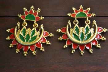 Designer Multicolour Meenakari Filled Peacock and Floral Motif Dangler Stud Earrings 3