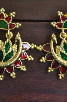 Designer Multicolour Meenakari Filled Peacock and Floral Motif Dangler Stud Earrings