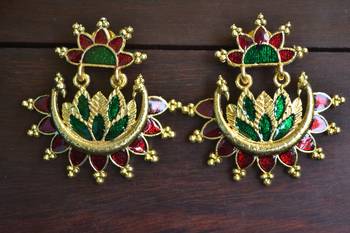 Designer Multicolour Meenakari Filled Peacock and Floral Motif Dangler Stud Earrings 1